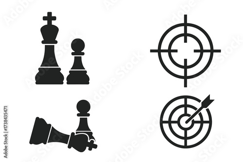 Chess checkmate and target icon set for business strategy. Metaphor for success, goal achievement, and competition. Vector icons of king, pawn, arrow, and bullseye.