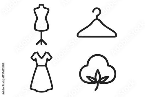 Fashion and garment industry line icon set. Vector symbols of clothing design. Includes tailor mannequin, clothes hanger, dress, and organic cotton flower. Apparel and textile.