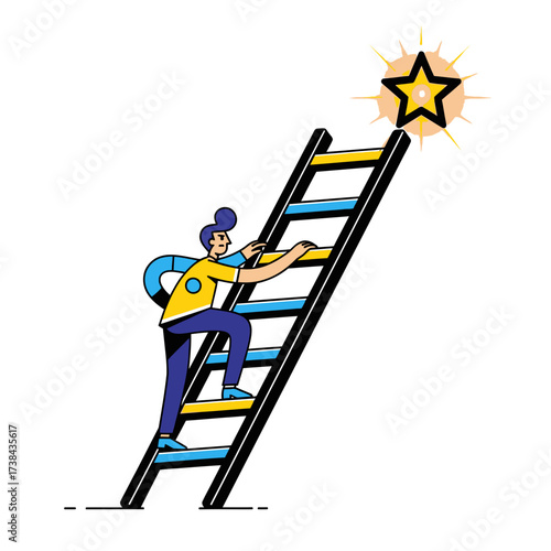 Ambitious Person Climbing Ladder to Reach Shining Star of Success and Achieve Goals
