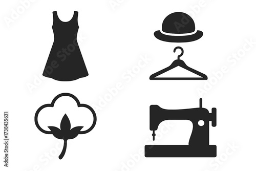 Fashion and garment industry icon set. Vector symbols for sewing, tailoring, clothing. Includes dress, hat, hanger, cotton plant, and sewing machine silhouettes.