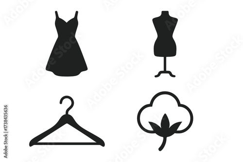 Fashion and garment icon set. Vector symbols for clothing industry. Dress, mannequin, hanger, cotton. Apparel production concept. Tailoring and sewing design elements. Black silhouette.