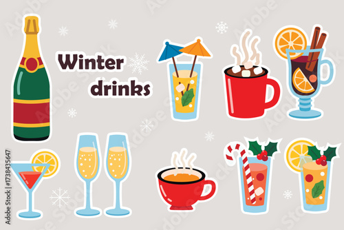 A set of Christmas stickers with festive drinks: a bottle of champagne, glasses of sparkling wine, mulled wine with orange and cinnamon, hot chocolate with marshmallows
