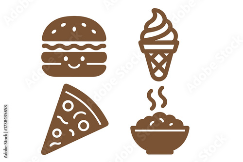 Vector food icon set. Minimalist glyph collection for logo and menu design. Fast food symbols for restaurant or delivery. Cute kawaii burger, pizza, ice cream, hot meal pictograms.