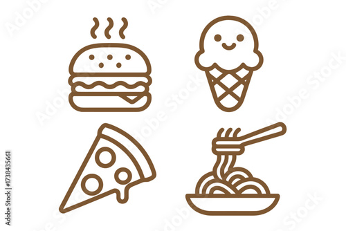 Fast food icon set vector collection. Simple line art symbols for burger, pizza, ice cream and pasta. Outline illustration for restaurant menu, cafe logo or food delivery app.