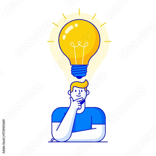 Bright Idea Concept: Man Contemplating with Lightbulb Showing Inspiration and Innovation