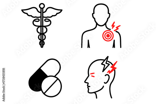 Medical and pain icon set. Vector logo collection for health care. Caduceus, headache, shoulder ache, and medicine pill symbols. Concept for injury, treatment, and pharmacy.