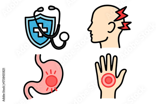Medical and pain vector icon set. Healthcare concepts including headache, migraine, stomach ache, indigestion, and hand arthritis. Health insurance shield logo with stethoscope.