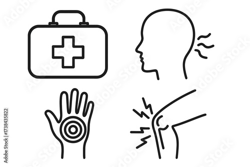 Medical pain icon set. First aid kit, head with tinnitus, hand arthritis, knee joint injury. Healthcare vector line art collection. Body ache, inflammation, human anatomy symbol.