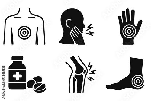 Medical and pain icon set. Body ache, chest pain, toothache, joint inflammation, arthritis symptom. Knee, hand, foot injury. Medicine pills bottle. Health care symbol collection.