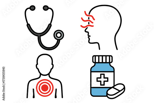 Vector medical and pain icon set. Healthcare symbols for clinic and hospital. Stethoscope for diagnosis, head profile for migraine, body with chest pain. Medicine and pills.