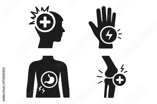 Body pain and injury icon set. Medical and healthcare glyphs. Headache, stomachache, hand pain, knee joint arthritis. Human anatomy symptoms. Medicine, treatment vector symbols.