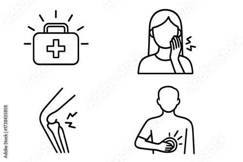 Medical and pain icon set. Vector line art collection of health symbols. First aid kit, toothache, knee joint pain, and chest pain symptoms. Healthcare and emergency signs.