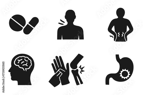 Medical and pain icon set vector. Body ache, backpain, headache, sore throat, stomach and joint pain symbols. Pills, tablet and medicine graphic for health care and treatment.
