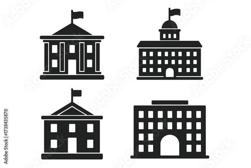 Set of government building icons. Vector collection of municipal, courthouse, bank and university symbols. Architecture silhouette for city hall, school or public services logo.