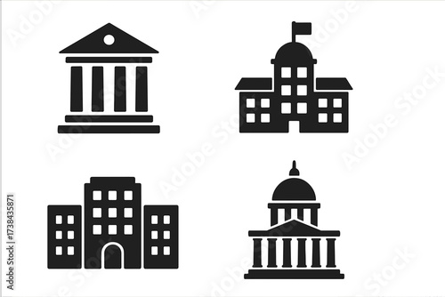 Vector set of government building icons. Public institution silhouettes including city hall, courthouse, bank, and school. Municipal architecture symbols for web and mobile design.