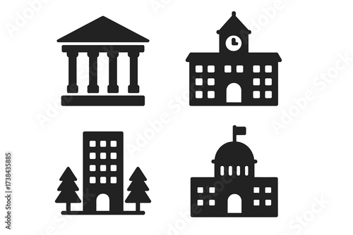 Vector icon set of municipal and public buildings. Symbols for government, courthouse, bank, school, and city hall. Flat design for finance, law, and education concepts.