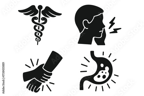 Medical and pain icon set vector. Collection of health symptoms. Caduceus, toothache, wrist sprain, stomach ache glyph signs. Healthcare disease pictograms for design.