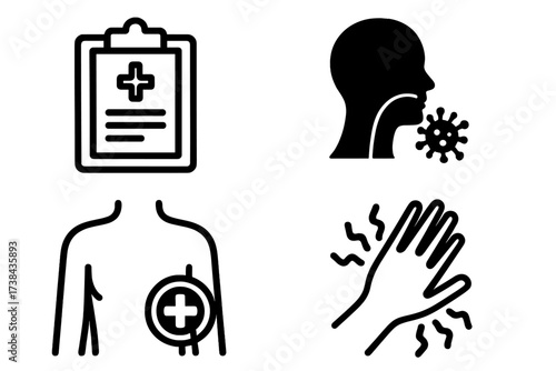Medical icon set for symptoms and disease. Vector signs for healthcare, pain, and sickness. Patient medical report, virus infection, sore throat, body ache, and hand tremor.