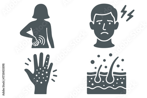 Medical icon set for pain and dermatology. Vector symbols of headache, backache, skin rash, allergy, and hair problems like dandruff or acne. Health symptoms and body ache.