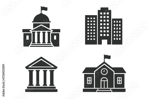 Building icon set vector collection. Government, bank, courthouse, school, and office glyphs. Municipal architecture pictogram. City hall, university, real estate symbols.