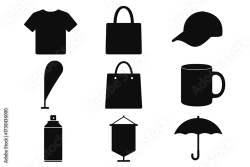 Promotional products icon set for corporate branding and marketing. Vector silhouettes of merchandise like t-shirt, bag, cap, mug, flag, and umbrella for advertising giveaways.