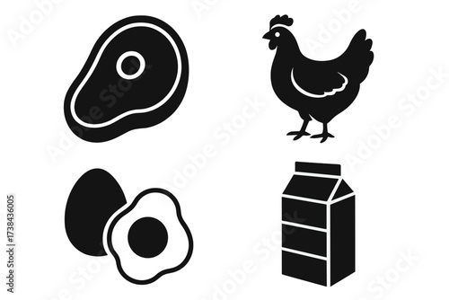 Food icon set. Meat, poultry, dairy and eggs glyph collection. Simple black vector symbols for grocery store, butcher shop or farm products. Steak, chicken, milk carton.