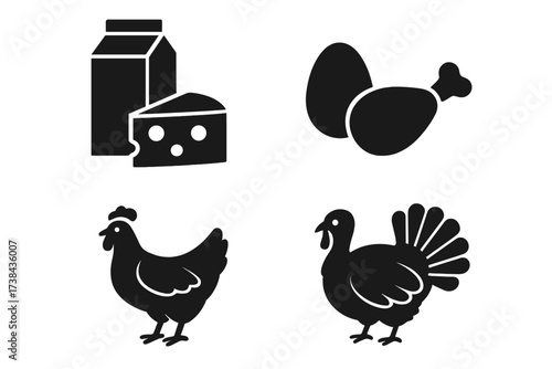 Poultry and dairy products icon set. Vector symbols for farm food. Includes chicken, turkey, eggs, drumstick, milk, and cheese. Isolated black silhouette graphic elements.
