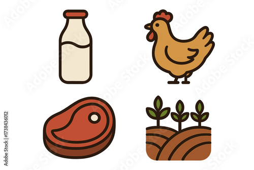 Farm fresh food icon set. Agriculture and farming symbols collection. Vector icons of milk, chicken, beef steak and crops. Natural organic food product graphic elements.