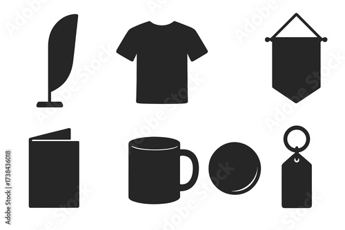 Vector icon set of promotional products and merchandise for branding. Corporate identity mockups including t-shirt, mug, flag, pennant, keychain, and button badge symbols.