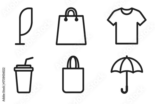 Set of promotional products vector icons. Merch for corporate identity and branding. Line art of t-shirt, shopping bag, umbrella, beach flag, cup. Giveaway items symbol.
