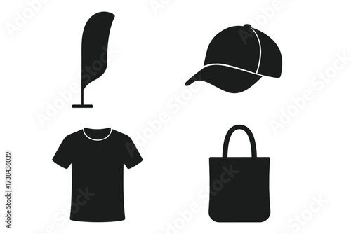Promotional products icon set for corporate identity branding. Vector silhouette collection of merchandise. Includes T-shirt, baseball cap, tote bag, and beach flag mockups.