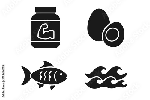 Protein sources glyph icon set for diet and fitness. Vector collection of nutrition symbols. Bodybuilding supplement, egg, seafood fish and sea wave. Healthy food concept.