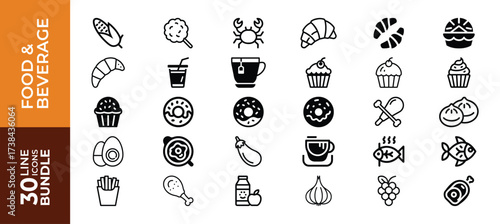 Variety of 30 food and beverage line icons, isolated on white background