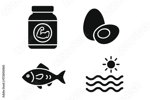 Protein sources and sea life icon set. Vector glyph collection for fitness, nutrition, and healthy diet. Includes whey supplement, eggs, fish, and ocean wave with sun symbols.