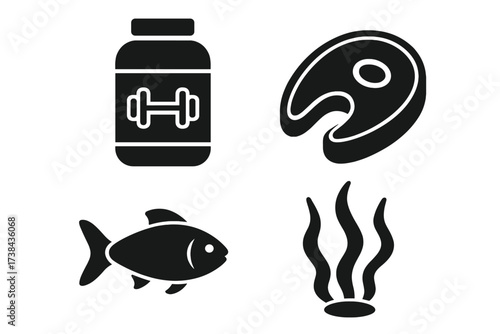 Vector icon set of protein sources. Meat steak, fish, and seaweed algae. Fitness supplement for bodybuilding. Nutrition symbols for a healthy diet, keto or paleo lifestyle. Food.