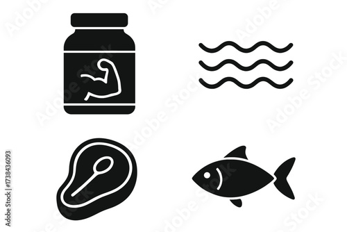 Protein sources glyph icon set. Vector symbols for nutrition, diet, fitness. Whey supplement, beef steak, fish icons. For bodybuilding, muscle food, gym, healthy eating concept.