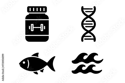 Vector icon collection. Protein supplement for fitness, bodybuilding. DNA helix for genetics, science. Fish for seafood, nutrition. Sea waves for nature, ocean. Glyph icon set.