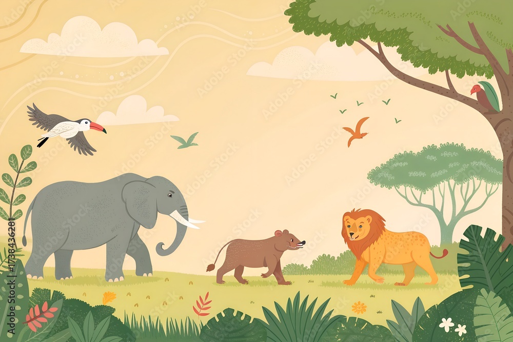 custom made wallpaper toronto digitalAfrican safari animals including an elephant lion and birds in a natural habitat