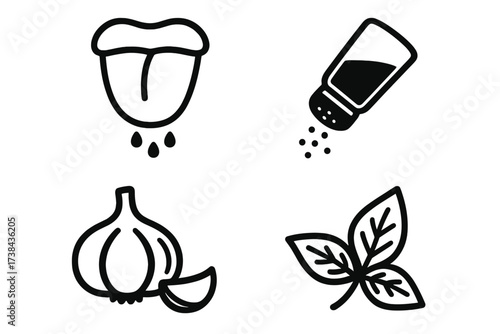 Taste and seasoning icon set. Vector collection of food and cooking symbols. Flavor ingredients line art. Includes tongue, salt shaker, garlic, and fresh herb icons.