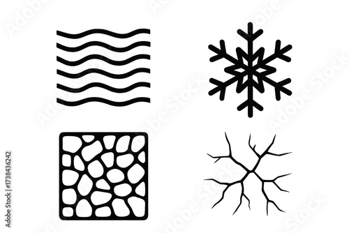 Vector set of blue frozen ice textures, frost patterns, and winter symbols. Abstract cold background design with crystal snowflake shapes and decorative iced elements for holidays.