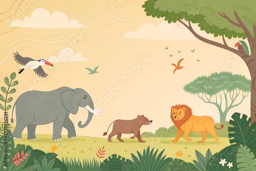 Wallpaper Mural African safari animals including an elephant lion and birds in a natural habitat Torontodigital.ca
