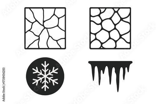 Collection of frozen vector icons. Cracked ice texture, dry ground pattern, snowflake symbol and icicle silhouette. Winter and cold weather concept elements for graphic design.