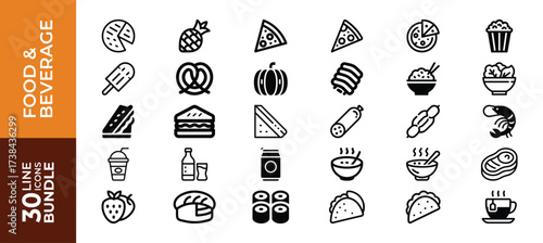 Set of 30 line icons for food and beverage, isolated on white background
