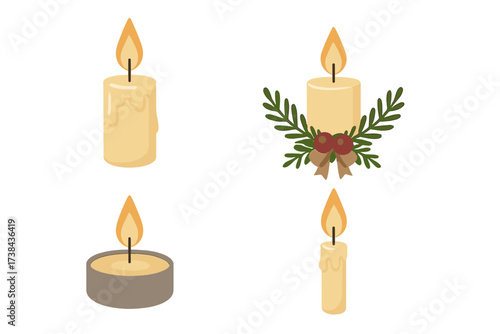 Vector illustration set of burning candles. Collection of pillar, taper, and tealight candles. Christmas candle with holiday decoration. Concept of cozy, romance, memorial.
