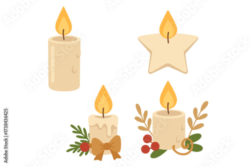 Set of Christmas candles vector illustration. Festive holiday decoration with candlelight, bow, and berries. Cozy winter hygge concept. Star shape candle icon collection.