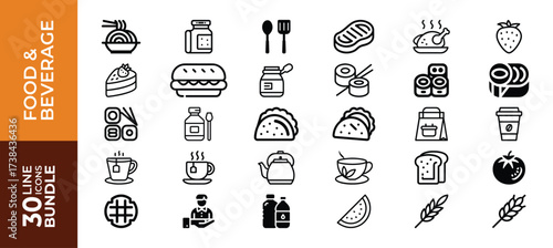 Assortment of 30 line icons for food and beverage, isolated on white background