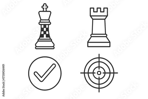 Vector line icon set for business strategy. Chess king for leadership, rook for power, and target for goal achievement. Checkmate and checkmark for success and victory.