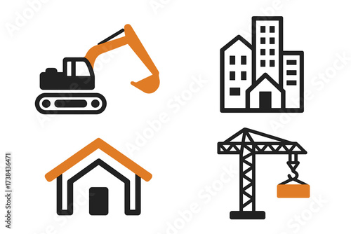 Vector icon set for construction and building industry. Symbols for real estate development and architecture. Includes excavator, city buildings, house and tower crane pictogram.