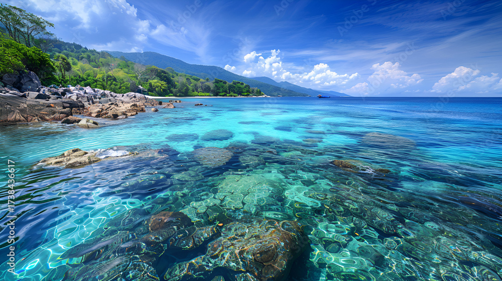 Fototapeta premium A scenic view of a tropical beach with clear turquoise water and lush green vegetation on the shore