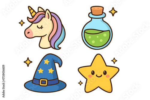 Cute kawaii magic set. Vector collection with unicorn, wizard hat, potion bottle, and smiling star. Fantasy illustration icons for kids. Cartoon doodle design elements.